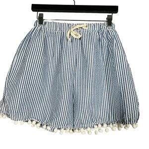 Violet & Brook Pom Pom Trim Stripe Shorts Blue White Sailor - XL